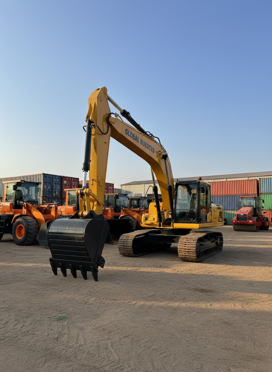 A close, three-quarter view of a robust yellow construction excavator with a steel tracked base and a heavy bucket resting on compacted soil at a well-organized equipment yard. Around it, other construction machines such as wheel loaders and compactors are parked in neat rows, all clean and ready for shipment. The background reveals distant shipping containers and low industrial buildings under a clear blue East African sky. Late afternoon sunlight casts warm highlights on the painted metal surfaces and long, defined shadows across the yard. Photographic realism with a slightly low-angle composition emphasizes strength and reliability, conveying a bold, trustworthy trading partner in the construction sector.