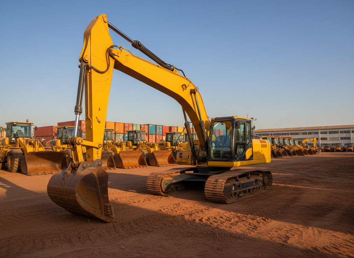 A close, three-quarter view of a robust yellow construction excavator with a steel tracked base and a heavy bucket resting on compacted soil at a well-organized equipment yard. Around it, other construction machines such as wheel loaders and compactors are parked in neat rows, all clean and ready for shipment. The background reveals distant shipping containers and low industrial buildings under a clear blue East African sky. Late afternoon sunlight casts warm highlights on the painted metal surfaces and long, defined shadows across the yard. Photographic realism with a slightly low-angle composition emphasizes strength and reliability, conveying a bold, trustworthy trading partner in the construction sector.