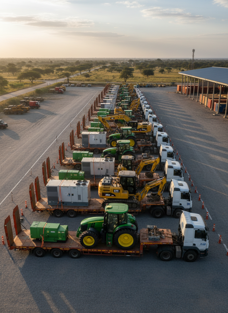 A panoramic view of a regional logistics hub in East Africa, with multiple flatbed trucks and low-bed trailers parked in parallel, each carrying different industrial and agricultural machines such as tractors, excavators, and generators secured with chains and straps. The yard surface is compacted gravel with clearly marked lanes and reflective safety bollards. Early morning light with a soft golden hue gently illuminates metal surfaces and casts elongated shadows, enhancing depth. Photographic realism from a slightly elevated vantage point with wide-angle composition, capturing extensive detail across the scene, projecting scale, reliability, and the capacity to serve industries across the region.
