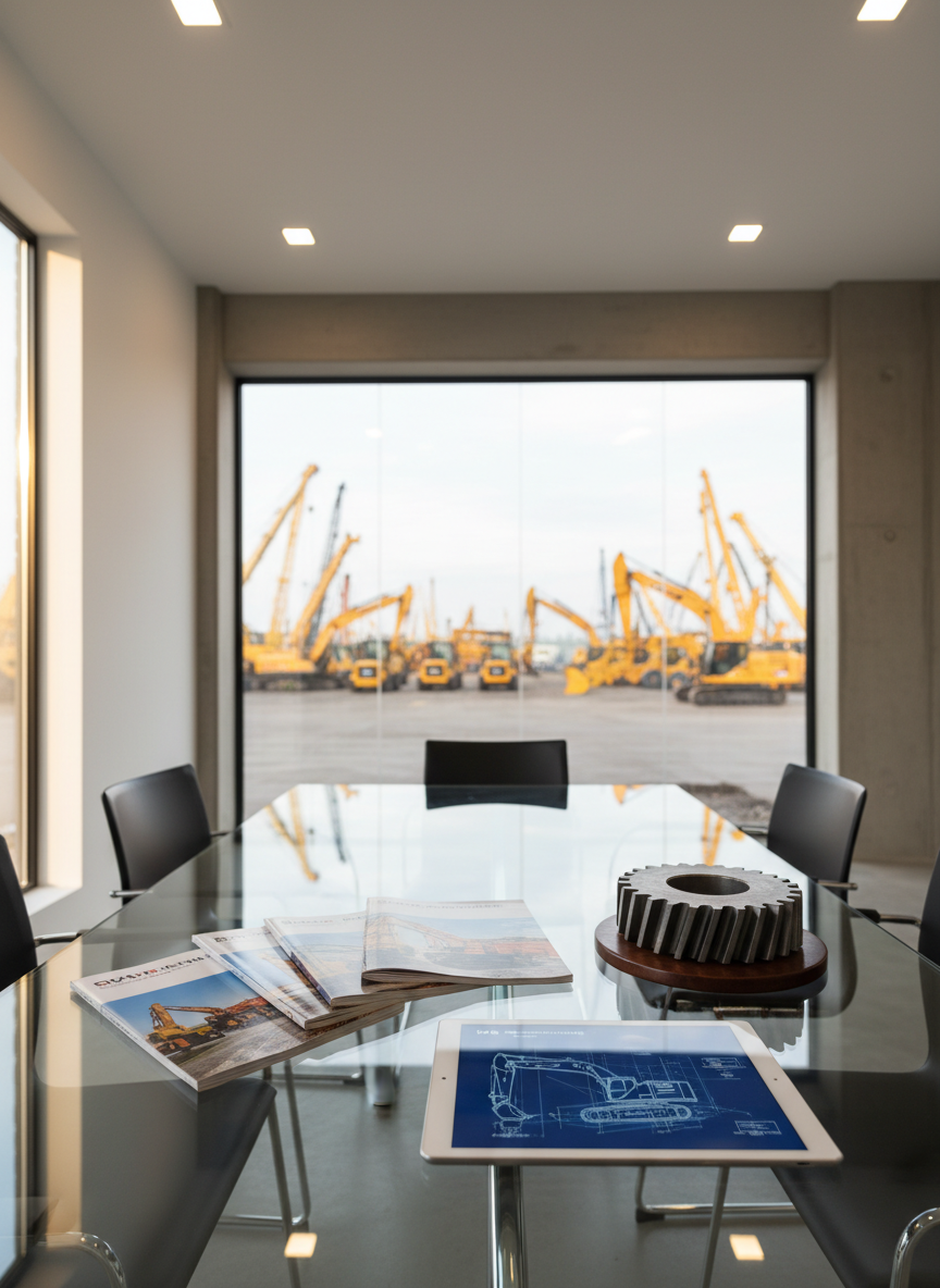 A bright, modern office meeting area within an industrial trading company, featuring a large glass-topped table displaying printed equipment catalogs, a rugged metal gear component, and a tablet screen showing a schematic of construction machinery. Through a large interior window, a blurred view of an orderly machinery yard can be seen outside, filled with cranes and loaders in soft focus. Natural daylight streams in from side windows, supplemented by neutral-toned ceiling lights, creating an evenly lit, clean environment. Photographic realism with an eye-level composition and shallow depth of field, emphasizing the table elements and suggesting strategic planning, professionalism, and technical expertise without including any people.