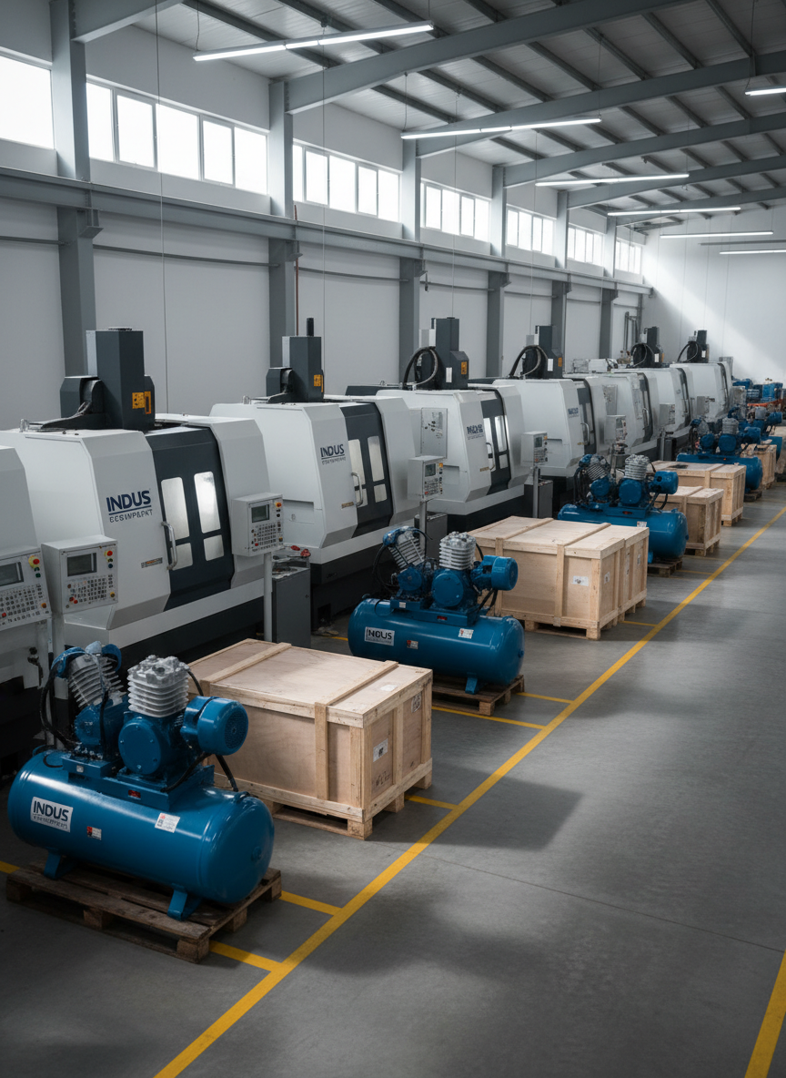 A wide shot of a modern warehouse floor filled with neatly arranged rows of industrial machinery, including gleaming metal CNC machines, heavy-duty compressors, and palletized generators branded with neutral, generic markings. The concrete floor is clean and lightly reflective, with yellow safety lines guiding through the space. Soft, diffused daylight pours in from high clerestory windows, complemented by cool white overhead LED fixtures, creating crisp highlights on the machinery edges. The atmosphere feels orderly, professional, and efficient. Photographic realism with an eye-level perspective and deep depth of field, capturing sharp detail from foreground to background, perfect for a corporate homepage hero image for an industrial machinery trading company in East Africa.