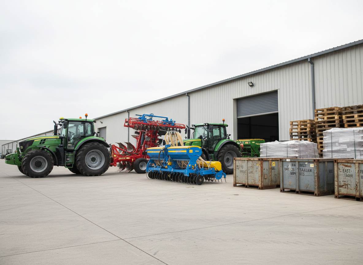 A row of modern agricultural machinery, including a bright green tractor with textured rubber tires, a red plough attachment, and a seed drill, all lined up on a smooth concrete apron in front of a discreet logistics facility. Carefully stacked wooden pallets and steel shipping crates sit nearby, hinting at active import and distribution. The scene is lit by soft, overcast daylight that removes harsh contrasts while still revealing the machines’ glossy paint, hydraulic hoses, and metal textures. Photographic realism with a centered, eye-level composition and moderate depth of field, creating a calm, professional atmosphere that highlights dependable agricultural equipment supply across East Africa.