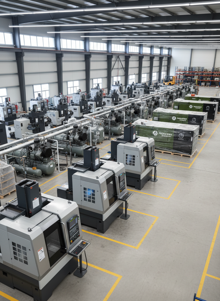 A wide shot of a modern warehouse floor filled with neatly arranged rows of industrial machinery, including gleaming metal CNC machines, heavy-duty compressors, and palletized generators branded with neutral, generic markings. The concrete floor is clean and lightly reflective, with yellow safety lines guiding through the space. Soft, diffused daylight pours in from high clerestory windows, complemented by cool white overhead LED fixtures, creating crisp highlights on the machinery edges. The atmosphere feels orderly, professional, and efficient. Photographic realism with an eye-level perspective and deep depth of field, capturing sharp detail from foreground to background, perfect for a corporate homepage hero image for an industrial machinery trading company in East Africa.