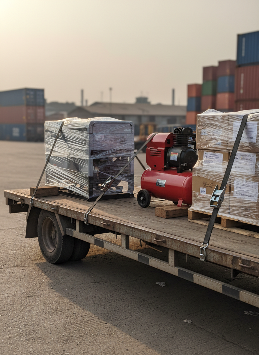 A detailed close-up of a shipping dock where a flatbed trailer is being carefully loaded with mixed industrial equipment: a compact generator wrapped in protective plastic, a small air compressor, and a pallet of boxed electrical components. Ratchet straps, wooden chocks, and metal tie-down points are clearly visible, emphasizing secure logistics. In the distance, stacked containers and a distant skyline of low industrial structures sit under a hazy East African afternoon light. The sun casts soft, warm tones and gentle shadows, highlighting surfaces without harsh glare. Photographic realism with a three-quarter perspective and shallow depth of field, focusing sharply on the equipment and securing hardware to communicate professionalism in import and distribution.