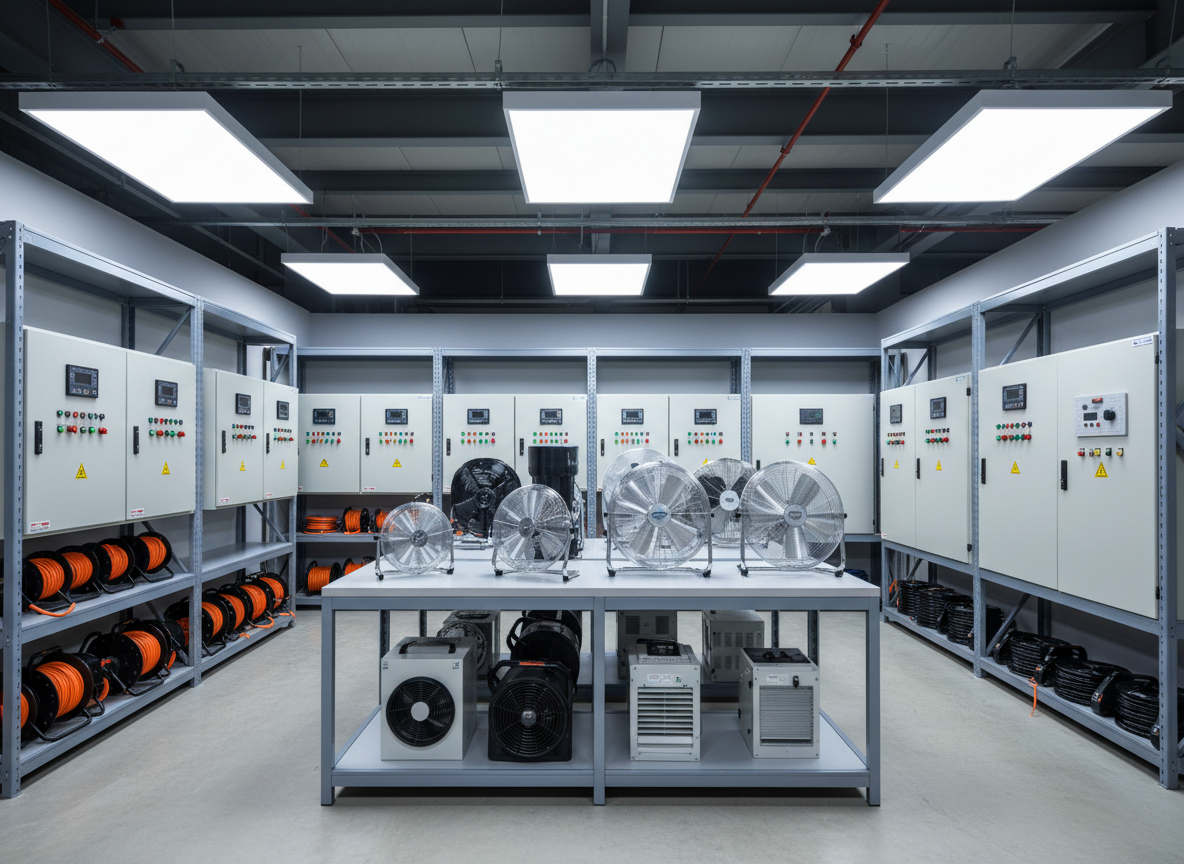 An interior industrial setting showing a clean, organized display of electrical appliances for commercial and light industrial use: three-phase control panels with indicator lights, heavy-duty extension reels, industrial fans, and energy-efficient LED high-bay fixtures mounted overhead. The appliances are arranged on sturdy metal shelving and a central demonstration table, all in neutral colors with subtle metallic finishes. Cool, bright artificial lighting from the LED fixtures above creates crisp reflections on plastic casings and metal edges, suggesting reliability and modern efficiency. Photographic realism with a slightly elevated angle and balanced composition, conveying a technical, professional mood suited for a trading company specializing in electrical solutions for factories and businesses.