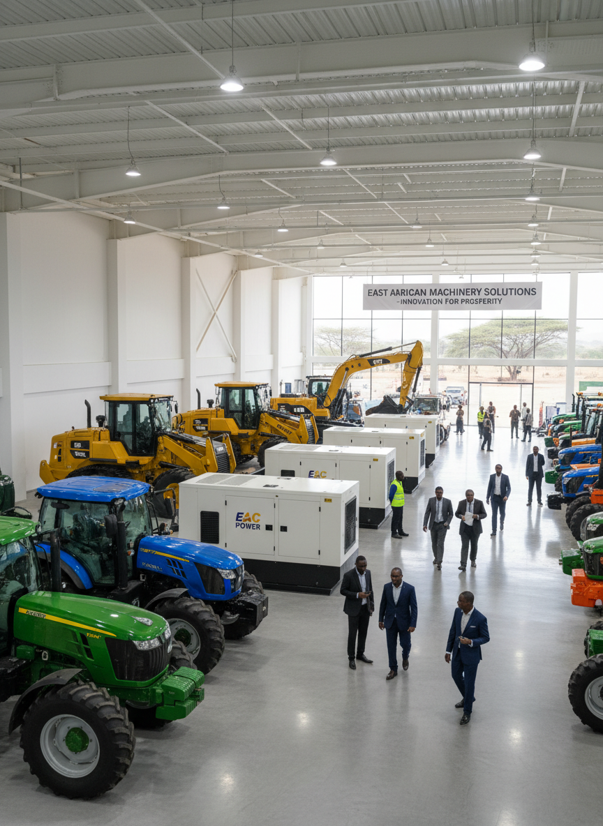Professional photo-realistic image of heavy industrial and agricultural machinery — tractors, generators, and construction equipment — arranged in a clean modern warehouse or showroom. East African business context. Professional and trustworthy aesthetic.